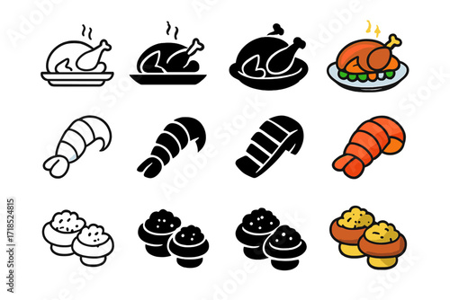 Gourmet Icon Set. Icon Set of Gourmet Dishes: Roast turkey, Lobster tail, Stuffed mushrooms. Icons set in vector style, emblematic variations. Roast turkey