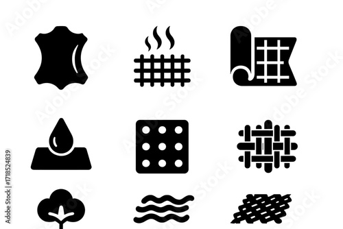 Material Icon Grid. Solid, filled icon set of stick bag materials: leather, nylon, canvas, polyester, PVC, mesh, cotton, synthetic fabric. Solid, filled icons