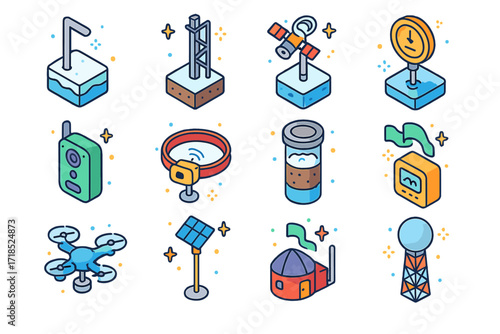 Frozen Monitoring Icon Set. Colorful isometric vector icons set of Environmental monitoring in frozen regions: snow depth sensor, permafrost probe, wind speed