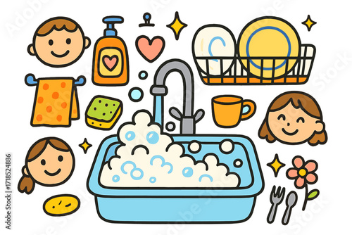Playful Kitchen Doodles. Colorful Hand-drawn doodle Children illustration Everyday Kitchen Sink sink, faucet, sponge, bubbles, soap bottle, dish rack, towel,