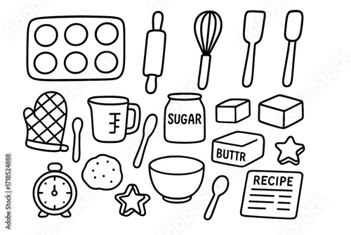 Baking Tool Doodles. Hand-drawn doodle illustration Baking preparation tools [baking tray, rolling pin, whisk, spatula, oven mitt, measuring cup, spoon, flour