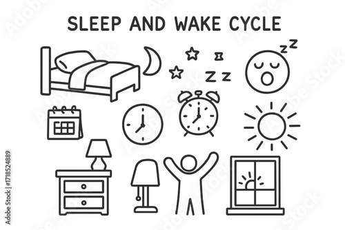 Sleep Wake Doodle. Sleep and wake cycle. Hand-drawn doodle illustration sleep and wake cycle bed, moon, stars, pillow, blanket, yawning face, alarm clock, sun,
