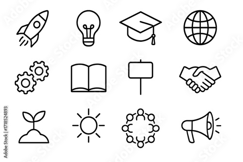 Youth Future Icons. Youth future. Line icon set of youth future: rocket, lightbulb, graduation cap, globe, gears, book, protest sign, handshake, sprout, sun,