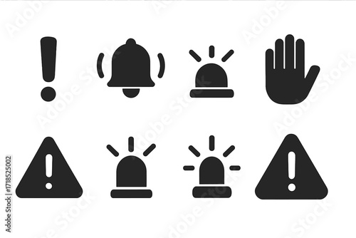 Watcher Warning Icons. Solid, filled icon set of watcher warning signs: exclamation mark, alarm bell, red light, stop hand, warning triangle, siren, flashing