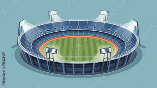 Cartoon stadium illustration, sport arena with lights and green field with shadows