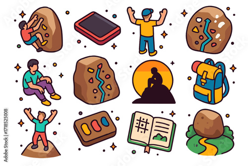 Isometric Climbing Icons. Colorful isometric vector icons set of Boulder Climbing Scenes: climber on rock, crash pad below, spotter with hands up, chalked rock