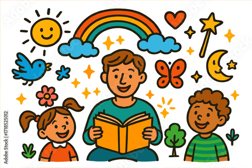 Storytime Adventure Doodles. Colorful Hand-drawn doodle Children illustration Storytime Adventure storyteller, open book, rainbow, sun, cloud, moon, star,
