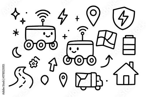Delivery Robots Doodles. Hand-drawn doodle illustration Autonomous delivery bots [robot, box, wheel, wifi symbol, gps pin, sparkle, star, map, arrow, gear,