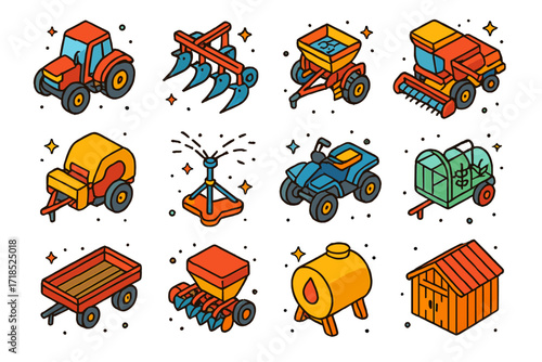 Farm Equipment Icons. Colorful isometric vector icons set of Farm vehicles and equipment: red tractor, plow attachment, seeder machine, harvester, hay baler,