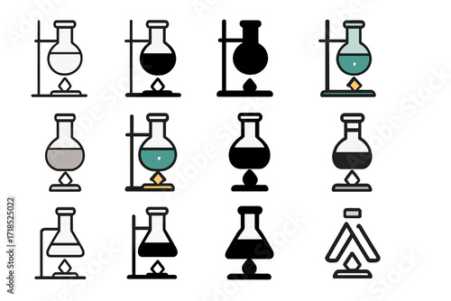 Flask Emblem Designs. Set Logo of Flasks: Flask on lab stand with burner. Logo set in vector style, emblematic variations. line, bold thick line, solid black
