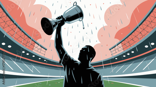 Champion Celebrating Victory in Stadium Silhouette at Rainy Day with Trophy