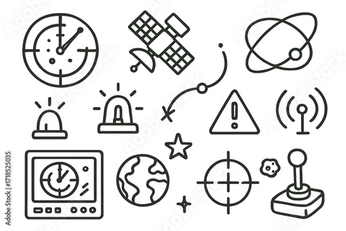 Space Traffic Control Doodles. Hand-drawn doodle illustration space traffic control radar screen, satellite, orbit arcs, warning light, trajectory path, danger