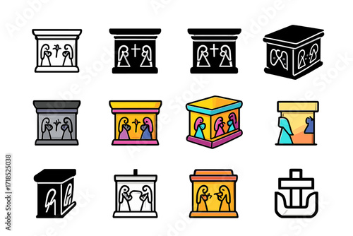 Church Altar Logos. Set Logo of Church Altar: altar with angels carved. Logo set in vector style, emblematic variations. line, bold thick line, solid black