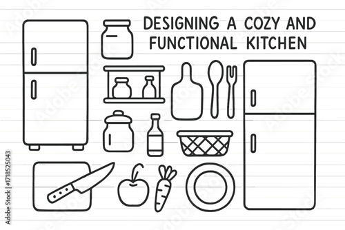 Cozy Kitchen Doodles. Hand-drawn doodle illustration Designing a cozy and functional kitchen Refrigerator, Freezer, Shelf, Jar, Bottle, Basket, Cutting board,