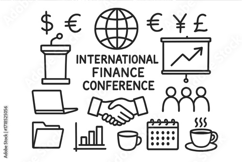 Finance Conference Icons. Hand-drawn doodle illustration International finance conference globe, dollar sign, euro sign, yen sign, pound sign,