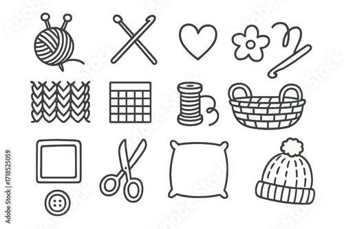 Knitting Doodle Patterns. Hand-drawn doodle illustration Knitting practice patterns [yarn ball, knitting needles, crochet hook, zigzag swatch, heart motif,