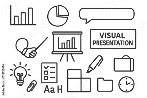 Business Doodle Icons. Hand-drawn doodle illustration Visual presentation making [bar graph, pie chart, pointer stick, speech bubble, display board, hand,