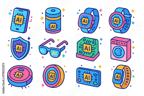 Colorful AI Chip Icons. Colorful isometric vector icons set of AI Chips in Consumer Tech: AI chip in smartphone, AI voice assistant processor, smart speaker
