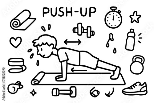 Push-Up Workout Essentials. Hand-drawn doodle illustration Push-up workout good form person doing push-up, yoga mat, stopwatch, water bottle, dumbbell,