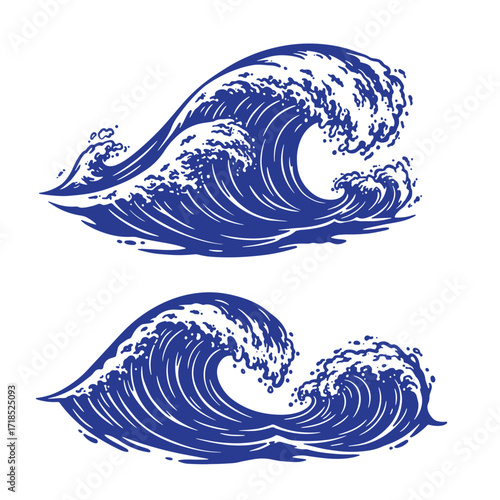 Artistic blue wave illustrations set against a clean white background for design elements