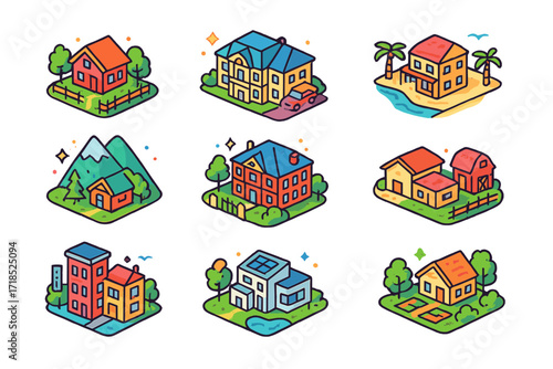 Estate Icons Collection. Colorful isometric vector icons set of estate types: countryside estate, luxury mansion, suburban villa, beachfront estate, mountain