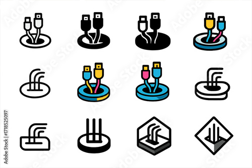 Neat Cable Logo Grid. Set Logo of Arranging office cables neatly: Desk grommet with cables. Logo set in vector style, emblematic variations. line, bold thick