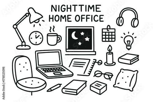 Nighttime Home Office Doodle. Hand-drawn doodle illustration Nighttime home office [desk, night lamp, moon, dark window, coffee mug, laptop, notebook, clock,