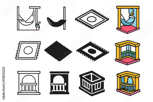 Relaxation Icon Set. Icon Set of Relaxing flow: hammock corner, indoor-outdoor rug, open balcony. Icons set in vector style, emblematic variations. Hammock