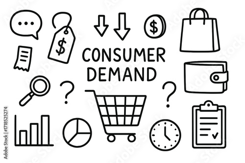 Shopping Economy Doodles. Hand-drawn doodle illustration consumer demand price tag, shopping bag, wallet, coin, receipt, shopping cart, dollar bill, question