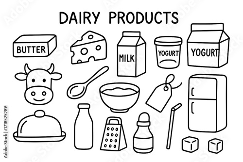 Dairy Product Doodle. Hand-drawn doodle illustration Dairy Products butter stick, cheese wedge, milk carton, yogurt cup, cream jar, cow icon, spoon, bowl,