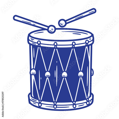 Blue and white illustrated drum with sticks ready for performing musical rhythms and beats