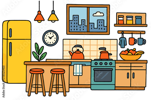 Colorful Urban Kitchen. Colorful Hand-drawn doodle Children illustration Urban Apartment Kitchen Area fridge, stove, oven, plant pot, bar stools, window,