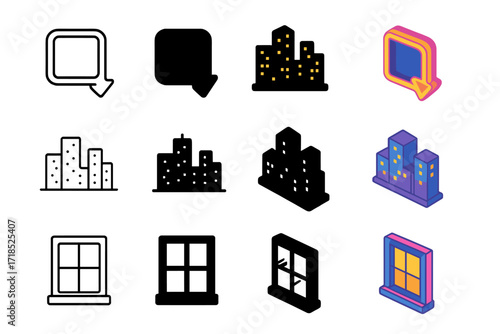 Urban Neon Icon Set. Icon Set of Urban glow: neon sign, city skyline with lights, glowing window. Icons set in vector style, emblematic variations. Neon sign