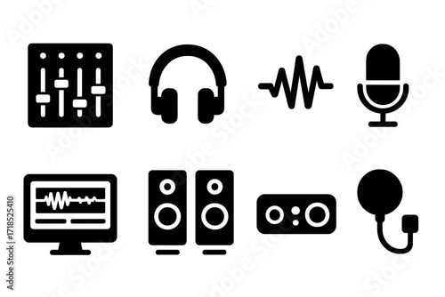 Audio Equipment Icons. Solid, filled icon set of solo recording and production: mixing console, headphones, sound wave, microphone, DAW, studio monitors, audio