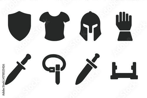 Sword Icon Set. Solid, filled icon set of sword-related items: shield, armor, helmet, gauntlet, dagger, sword belt, sheath, sword stand. Solid, filled icons in