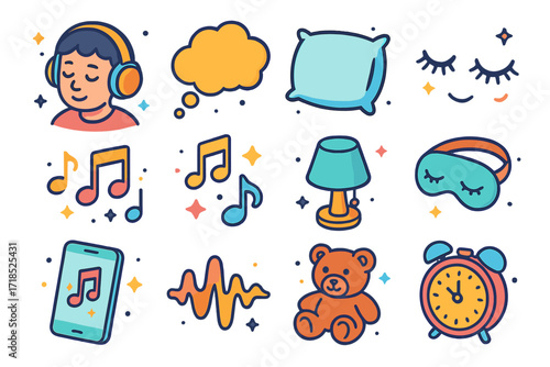 Sleepy Icons Collection. Colorful isometric vector icons set of a person falling asleep while listening to soothing music: sleeping person with headphones,
