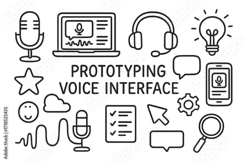 Voice Interface Doodle. Hand-drawn doodle illustration Prototyping voice interface wireframe, microphone, headset, laptop, tablet, smartphone, speech bubble,