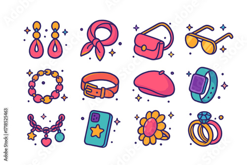 Fashion Accessory Icons. Colorful isometric vector icons set of fashion accessories: statement earrings, silk scarf, crossbody bag, aviator sunglasses, chunky