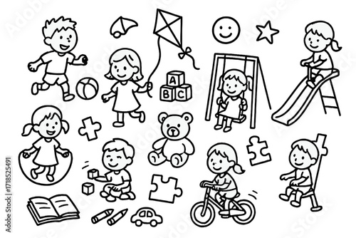 Playful Siblings Doodles. Hand-drawn doodle illustration siblings playing together ball, kite, jump rope, toy blocks, teddy bear, swing, slide, seesaw, puzzle