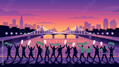 Silhouette People City Bridge at Sunset Holding Lights and Flags Dramatic Vibrant Color