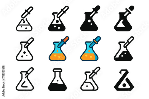 Colorful Flask Logos. Set Logo of Flasks: Flask and pipette icon. Logo set in vector style, emblematic variations. line, bold thick line, solid black filled,