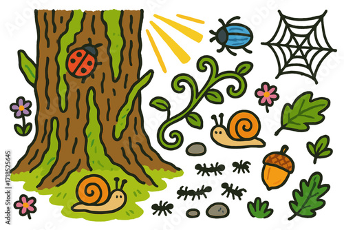Nature's Miniature Playground. Colorful Hand-drawn doodle Children illustration Mossy Tree Bark tree trunk, moss lines, small bugs, ladybug, beetle, snails,