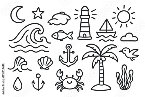 Ocean Doodles Compilation. Hand-drawn doodle illustration tidal waves moon, star, wave, fish, crab, shell, anchor, seagull, palm tree, cloud, sun, lighthouse,