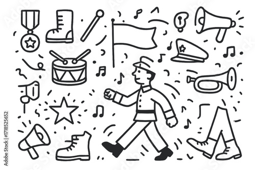 Military Parade Doodle. Hand-drawn doodle illustration Military parade [medal, boots, baton, flag, drum, trumpet, whistle, hat, megaphone, banner, marching