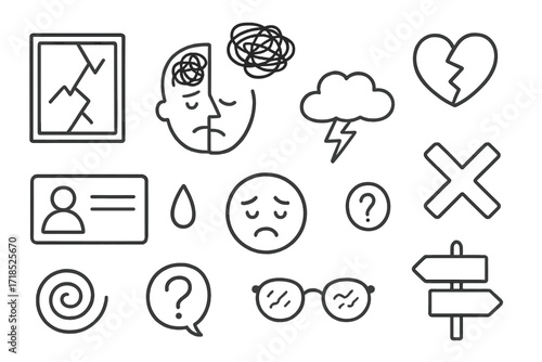 Identity Crisis Symbols. Hand-drawn doodle illustration [Identity crisis] broken mirror, split head, tangled lines, sad face, heart, lightning cloud, identity