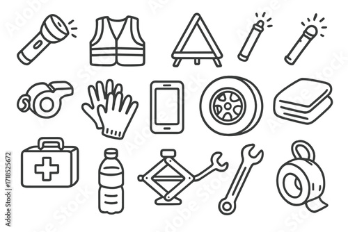 Roadside Emergency Essentials. Hand-drawn doodle illustration Night roadside emergency flashlight, reflective vest, warning triangle, glow stick, road flare,