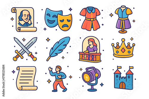 Theatrical Icon Set. Colorful isometric vector icons set of Classic theatre performances: Shakespeare scroll, comedy mask, tragedy mask, medieval costume,