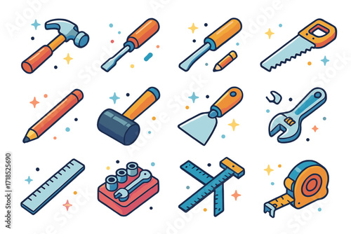Colorful Construction Tool Icons. Colorful isometric vector icons set of construction hand tools: claw hammer, flathead screwdriver, chisel, hand