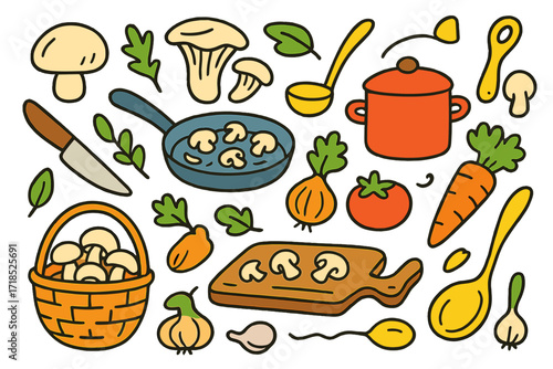 Mushroom Cooking Doodle. Colorful Hand-drawn doodle Children illustration Mushrooms in cooking [button mushroom, oyster mushroom, porcini, pan, pot, ladle,