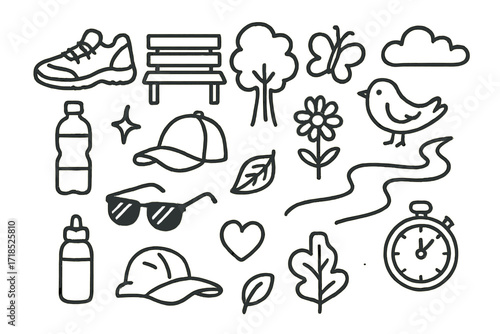 Park Walk Doodle. Hand-drawn doodle illustration park walking shoe, bench, tree, flower, butterfly, bird, water bottle, cap, sunglasses, cloud, path,